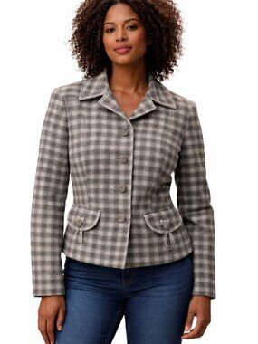 Brooks Brothers Wool Plaid Cropped Blazer Button Front Flap Pocket Preppy Jacket